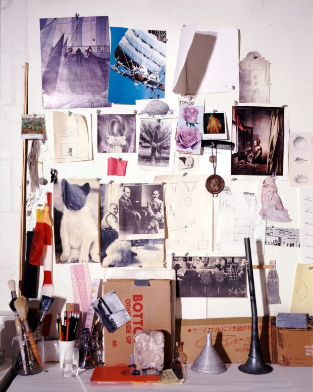 Rauschenberg’s ‘muse wall’, a collection of objects and images that inspired him, in his print shop, Captiva, Florida, around 1979. Photograph: Emil Fray/Robert Rauschenberg Foundation